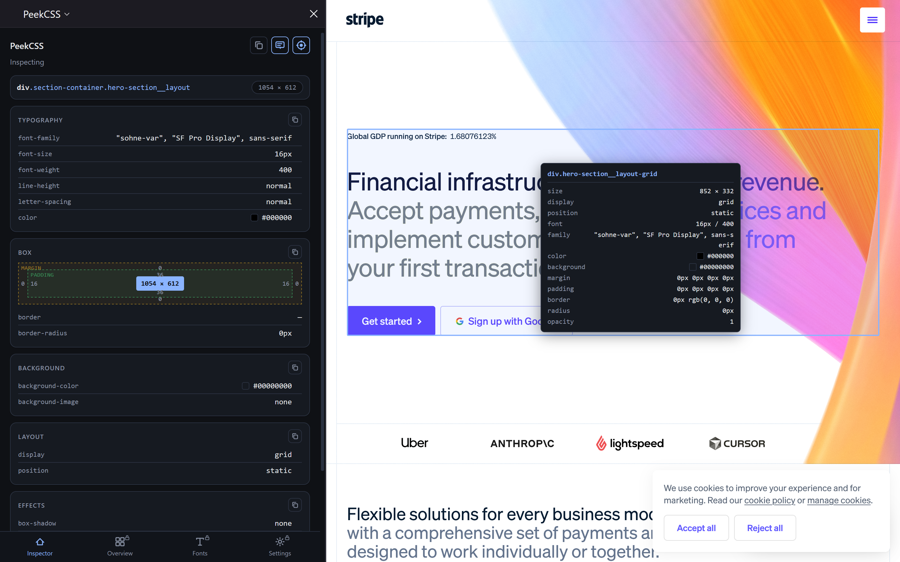 PeekCSS sidebar inspector on a live page